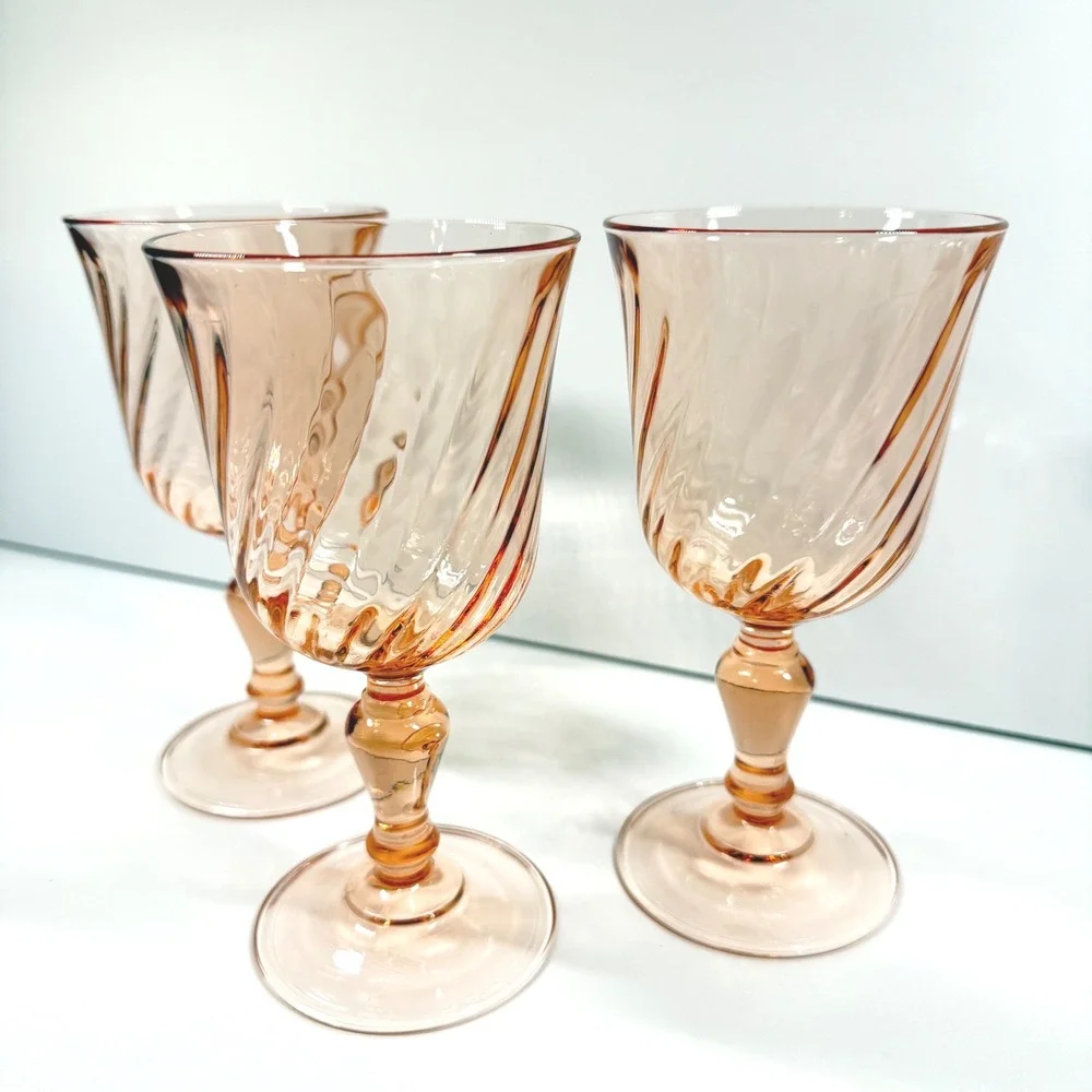 3 Luminarc Arcoroc France Rosaline Pink Swirl Water Wine Goblets Vintage 6.25in